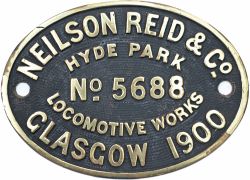 Worksplate NEILSON REID & CO HYDE PARK LOCOMOTIVE WORKS GLASGOW 1900 No 5688. Ex South Eastern &