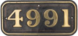 GWR brass cabside numberplate 4991 ex GWR Collett Hall 4-6-0 built at Swindon in 1933 and named