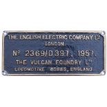 Worksplate THE ENGLISH ELECTRIC COMPANY LTD LONDON THE VULCAN FOUNDRY LTD LOCOMOTIVE WORKS ENGLAND