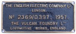 Worksplate THE ENGLISH ELECTRIC COMPANY LTD LONDON THE VULCAN FOUNDRY LTD LOCOMOTIVE WORKS ENGLAND