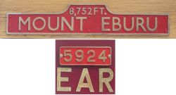 Nameplate MOUNT EBURU together with a smokebox numberplate 5924 and EAR brass tender Letters. EX