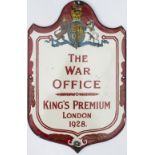 Enamel Advertising Sign THE WAR OFFICE KING'S PREMIUM LONDON 1928. In very good condition with minor