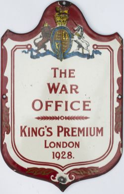 Enamel Advertising Sign THE WAR OFFICE KING'S PREMIUM LONDON 1928. In very good condition with minor
