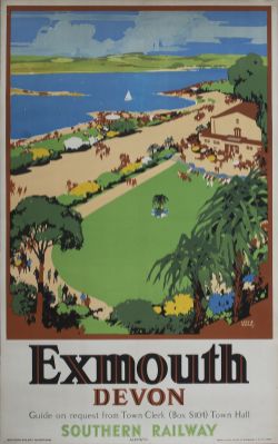 Poster Southern Railway EXMOUTH DEVON by Leslie Carr, issued in 1947. Double Royal 25in x 40in. In