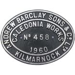 Worksplate ANDREW BARCLAY SONS & CO LTD CALEDONIA WORKS KILMARNOCK No 458 1960 ex British Railways