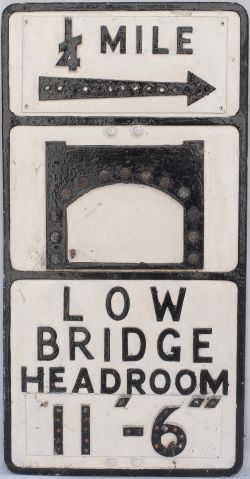Road sign LOW BRIDGE HEADROOM 11-6 1/4 MILE. Cast aluminium in original condition with glass fruit