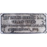 Worksplate THE ENGLISH ELECTRIC CO LTD VULCAN WORKS NEWTON-LE-WILLOWS ENGLAND No 3386/ D852 1963