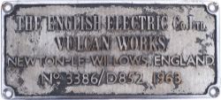 Worksplate THE ENGLISH ELECTRIC CO LTD VULCAN WORKS NEWTON-LE-WILLOWS ENGLAND No 3386/ D852 1963