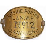 London & North Western Railway brass armband hand engraved OUTSIDE PORTER L&N.W.R. No 12