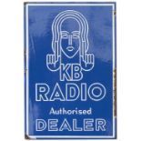 Advertising enamel sign KB RADIO AUTHORISED DEALER. KB radio (Kolster Brandes) used this logo from