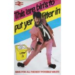 Poster BRB THIS ERE BINS TO PUT YOUR LITTER IN with an image of Kenny Everett. Double Royal 25in x