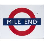 London Underground enamel fully flanged Target/Bullseye station sign MILE END. In excellent