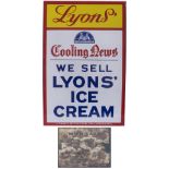 Advertising enamel sign LYONS COOLING NEWS WE SELL LYONS ICE CREAM. In virtually mint condition with