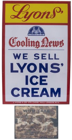 Advertising enamel sign LYONS COOLING NEWS WE SELL LYONS ICE CREAM. In virtually mint condition with