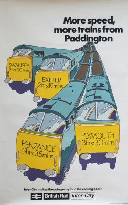 Poster BR MORE SPEED MORE TRAINS FROM PADDINGTON with image of four Western Diesel Hydraulic
