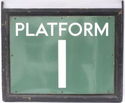 Southern Railway enamel platform station sign PLATFORM 1. In original wooden frame with metal
