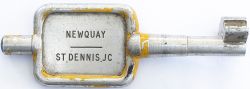 GWR/BR-W Tyers No9 single line aluminium key token NEWQUAY - ST DENNIS JC. In ex railway condition.