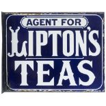 Advertising enamel sign AGENT FOR LIPTON'S TEAS. Double sided with wall mounting flange. Both