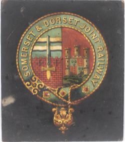 Somerset & Dorset Joint Railway Carriage Panel with full title and Coat of Arms. Hard wood as cut