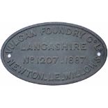 Worksplate VULCAN FOUNDRY Co LD NEWTON-LE-WILLOWS LANCASHIRE No 1207 1887. Ex Lancashire & Yorkshire