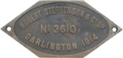 Worksplate ROBERT STEPHENSON & CO LTD DARLINGTON 1914 No 3610 ex South African Railways class 14