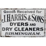 Advertising enamel sign GOODS RECEIVED FOR J.HARRIS & SON DYERS AND DRY CLEANERS BIRMINGHAM. In good