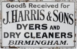 Advertising enamel sign GOODS RECEIVED FOR J.HARRIS & SON DYERS AND DRY CLEANERS BIRMINGHAM. In good