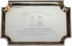GWR solid silver miniature tray with full Great Western Railway Twin Shield Coat of Arms and GENERAL