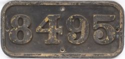 BR-W brass cabside numberplate 8495 ex Hawksworth 0-6-0 PT built by Robert Stephenson & Hawthorn Ltd