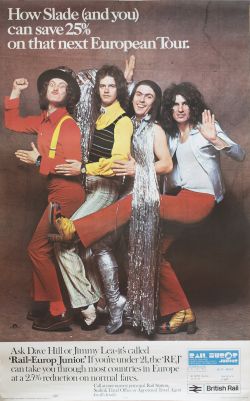 Poster BR HOW SLADE (AND YOU) CAN SAVE 25% ON THAT NEXT EUROPEAN TOUR issued in 1973. Shows a period