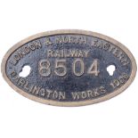 Tenderplate LONDON & NORTH EASTERN RAILWAY 8504 DARLINGTON WORKS 1908 ex NER P3 0-6-0 numbered NER