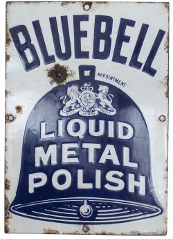 Advertising enamel sign BLUEBELL LIQUID METAL POLISH. In good condition with minor edge chipping and