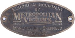 Electrical makers plate ELECTRICAL EQUIPMENT BY METROPOLITAN VICKERS ELECTRICAL CO LTD