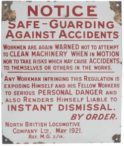 North British Locomotive Company enamel sign re SAFE GUARDING AGAINST ACCIDENTS etc. Issued in