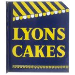 Advertising enamel sign LYONS CAKES. Double sided with wall mounting flange. Both sides in very good