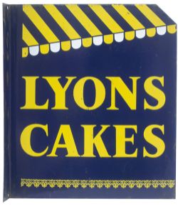 Advertising enamel sign LYONS CAKES. Double sided with wall mounting flange. Both sides in very good