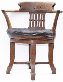 Great Eastern Railway oak Captains Swivel Chair with GER carved into the back rail and original