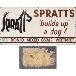 Advertising enamel sign SPRATT'S BUILDS UP A DOG! DOG CAKES, BONIO, MIXED OVALS, WEETMEET. In