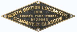 Worksplate NORTH BRITISH LOCOMOTIVE COMPANY LTD GLASGOW QUEEN'S PARK WORKS No 22043 1918 ex GCR