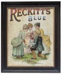 Advertising showcard RECKITT'S BLUE complete with period oak glazed frame. In very good condition