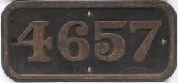 GWR cast iron cabside numberplate 4657 ex Collett 0-6-0PT built at Swindon in 1943. Allocated to