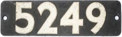 Smokebox numberplate 5249 ex GWR Churchward 2-8-0 T built at Swindon in 1925. Allocated to