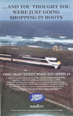Poster BRB INTER CITY FREE TRAIN TICKET WHEN YOU SPEND £5 AT BOOTS with image of Class 91