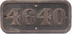 GWR cast iron cabside numberplate 4640 ex Collett 0-6-0PT built at Swindon in 1943. Allocated to 87B