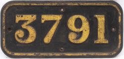 GWR cast iron cabside numberplate 3791 ex Collett 0-6-0PT built at Swindon in 1938. Allocated to