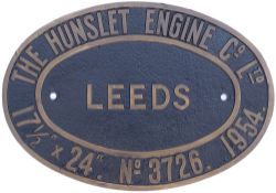 Worksplate THE HUNSLET ENGINE CO LTD LEEDS No 3726 1954 ex BR(W) Hawksworth 0-6-0 PT numbered