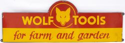 Advertising enamel sign WOLF TOOLS FOR FARM AND GARDEN. IN very good condition with minor edge