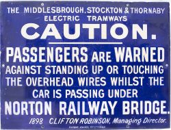 Enamel sign THE MIDDLESBOROUGH STOCKTON & THORNABY ELECTRIC TRAMWAYS CAUTION PASSENGERS ARE WARNED