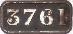 GWR cast iron cabside numberplate 3761 ex Collett 0-6-0PT built at Swindon in 1937. Allocated 87F