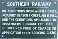 Southern Railway enamel sign re THE CONDITIONS UPON WHICH TICKETS ARE ISSUED etc. Measures 9in x 6in